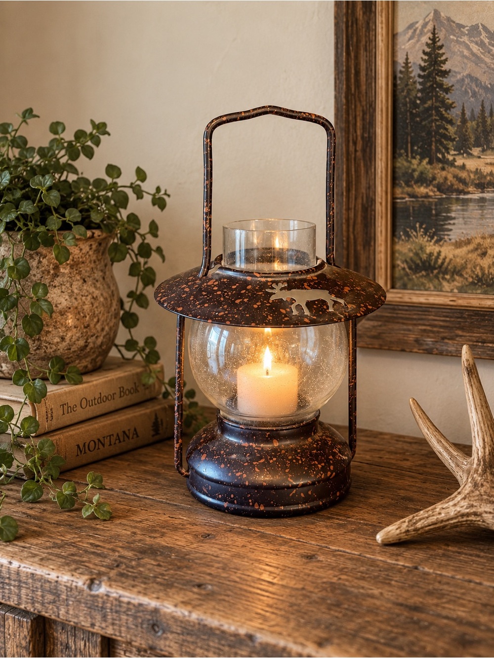 Vintage Speckled Brown Metal Lantern with Glass Globe